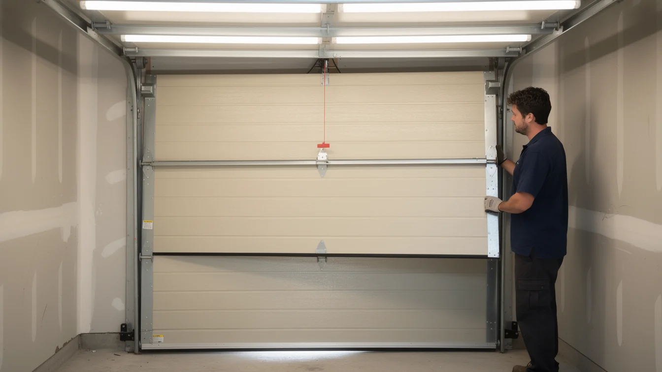 A technician is adjusting a beige garage door inside a garage.