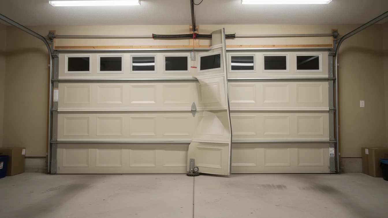 The beige garage door is bent and damaged in the middle.