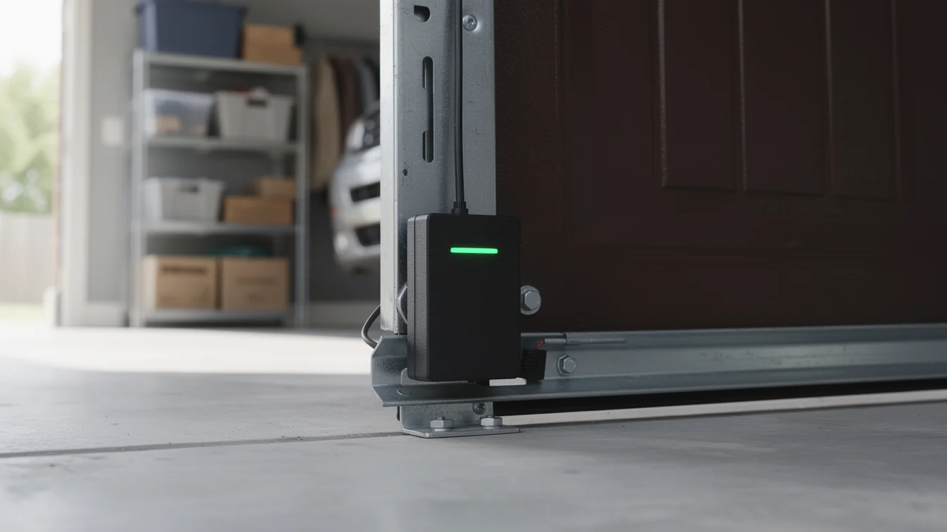 A black sensor with a green light is attached to the bottom of a brown garage door.
