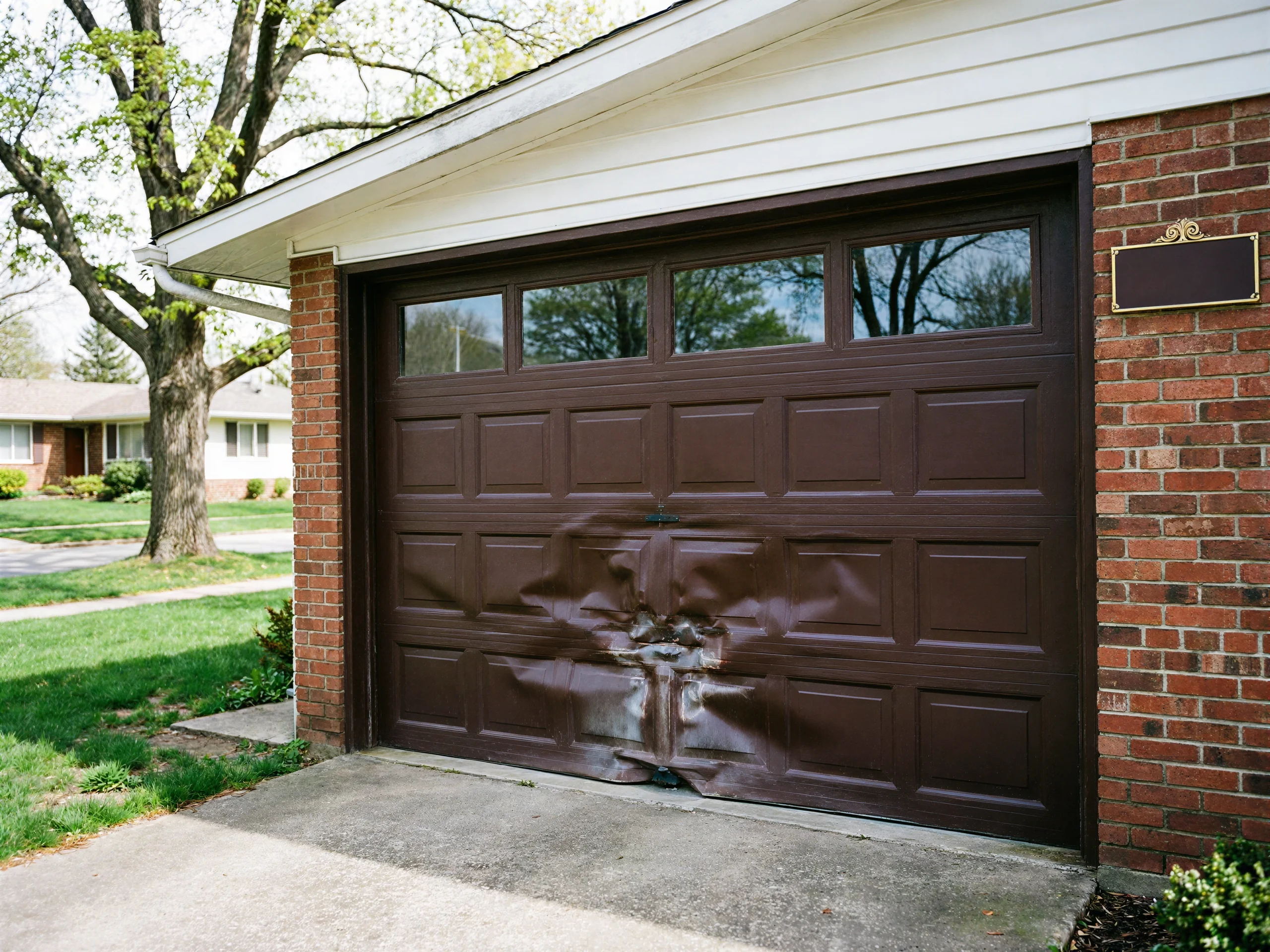 A brown garage door with windows has a large dent in the middle.